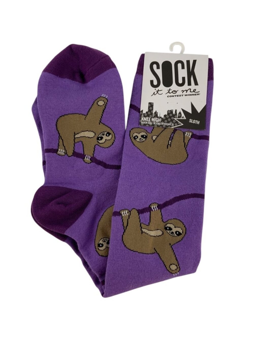 Sloth Womens Knee-High Socks Purple Fun Design By Sock It To Me Made In Korea